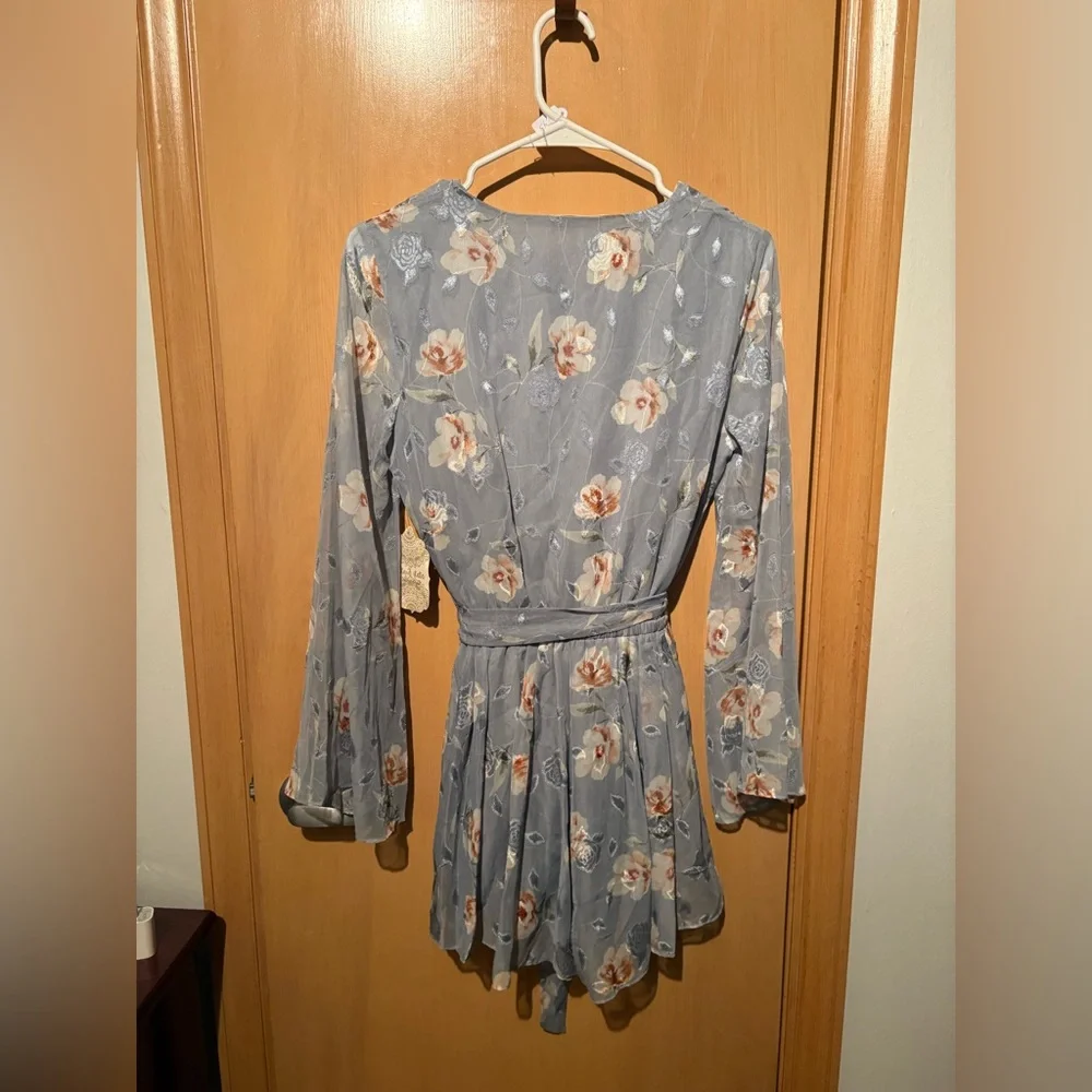 Altar’d State Sheer Blue Floral Romper lined w/ shorts BNWT Size XS long sleeve